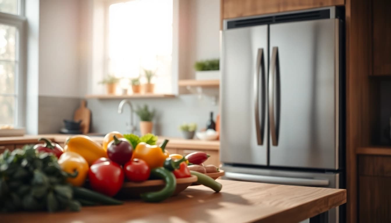 Showcasing a modern refrigerator with sleek design and fresh food in a stylish kitchen.