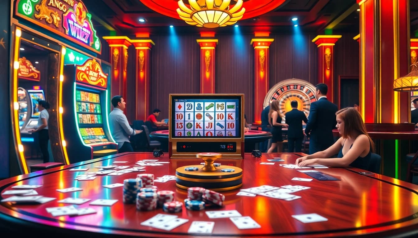 Experience the thrill of playing mahjong slot demo in a vibrant casino setting with elegant slot machines.