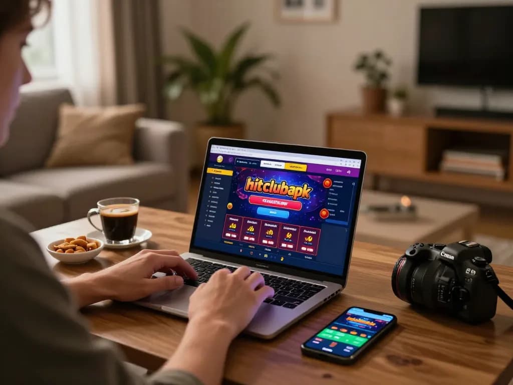 Person using hitclubapk on a laptop in a cozy home setting, illustrating online gambling.