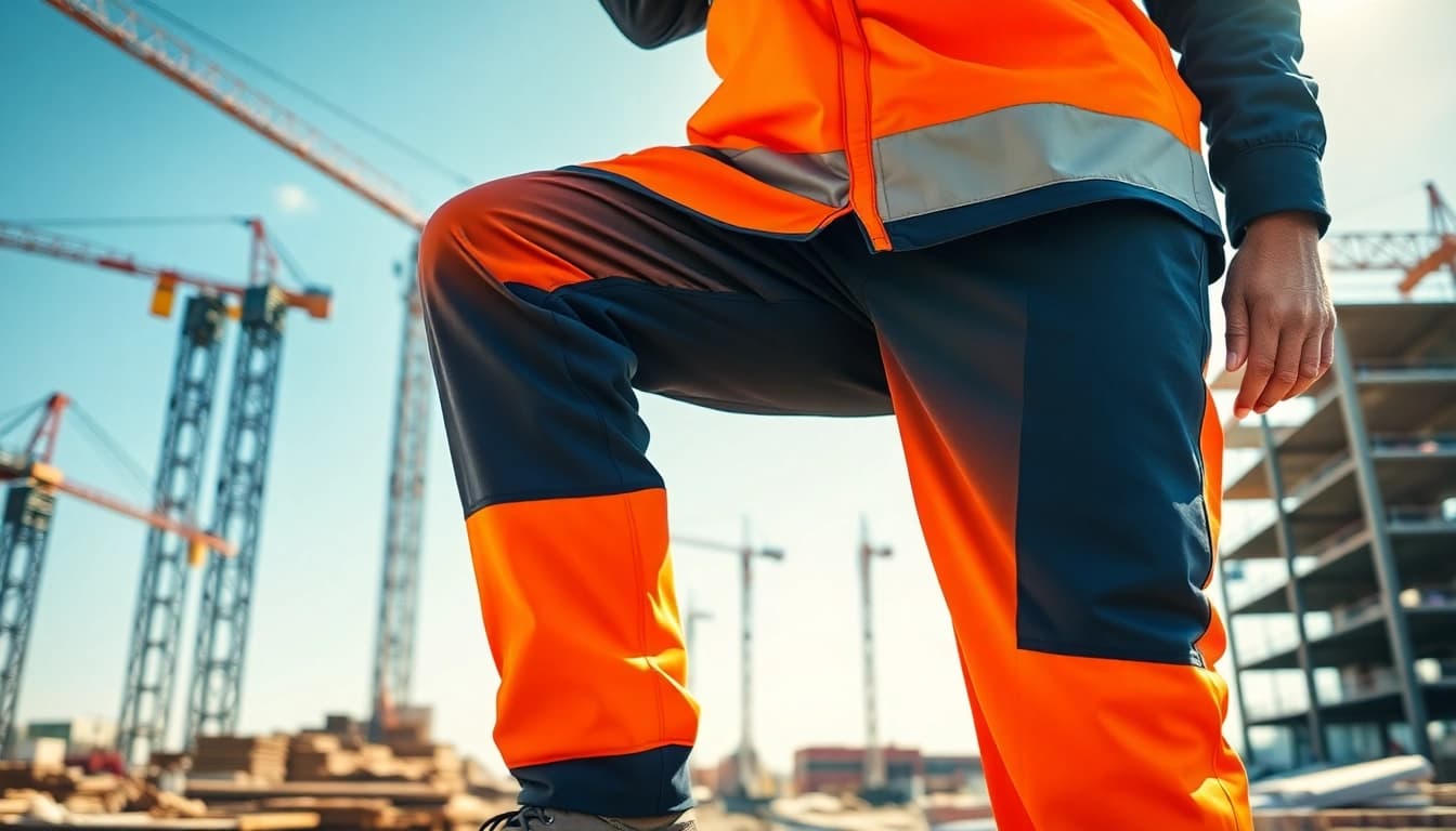 Construction worker wearing Blåkläder workwear, actively lifting materials on-site.