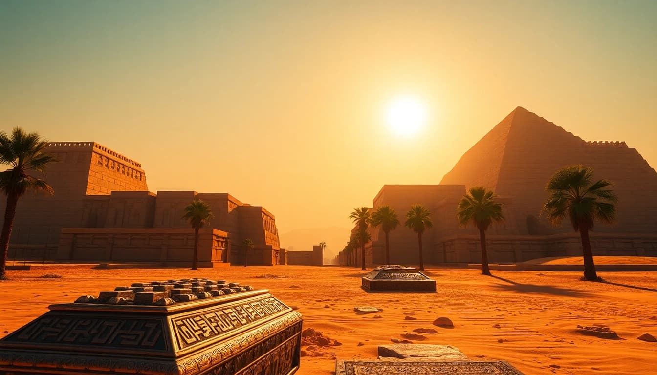 Explore intricate details of piraminds illuminated by the sun against a vast desert landscape.