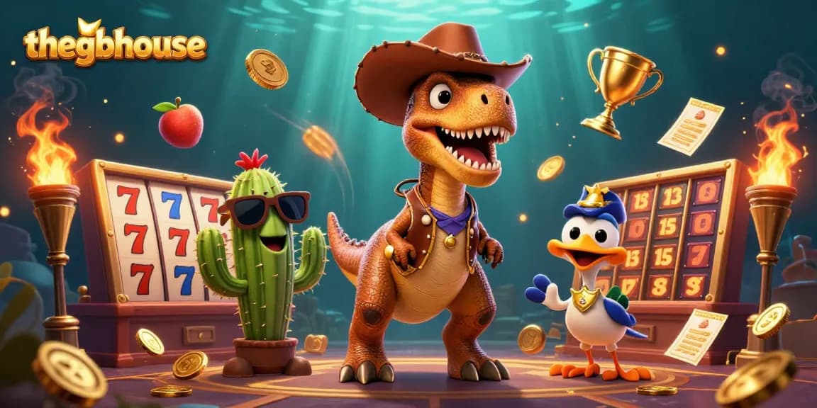 Thegbhouse showcases a lively casino scene featuring a cowboy dinosaur, slot reels, and vibrant game elements.
