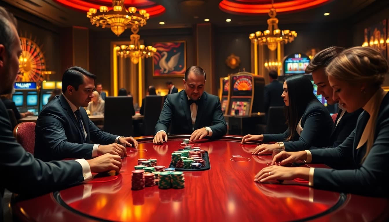 Profitez d'une partie de poker excitante mettant en avant le casino en ligne francais avec des joueurs professionnels et une décoration vibrante.