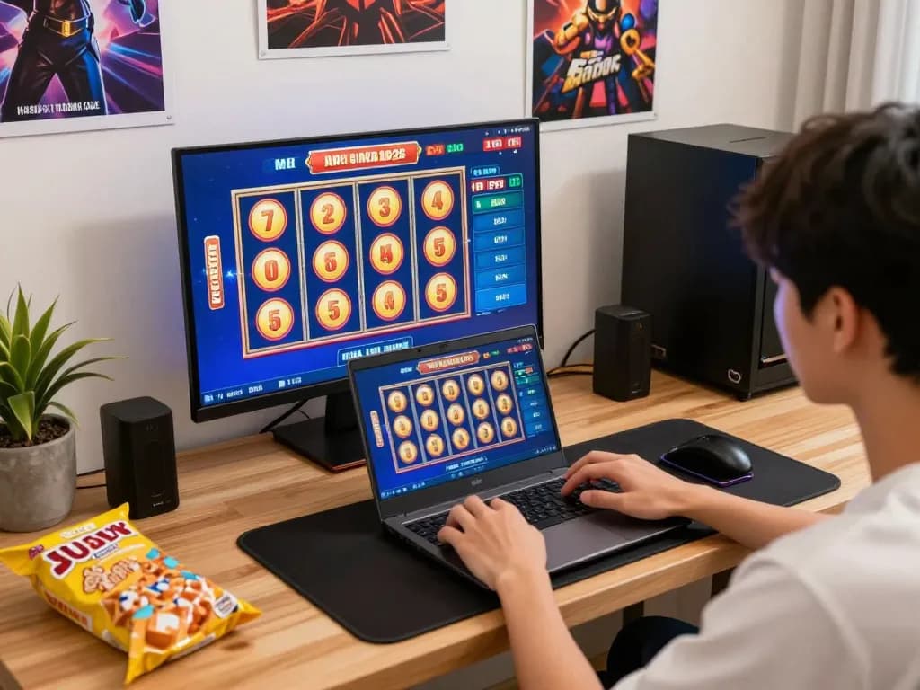 Engaged player spinning slot gacor reels on laptop screen in lively home gaming setup.