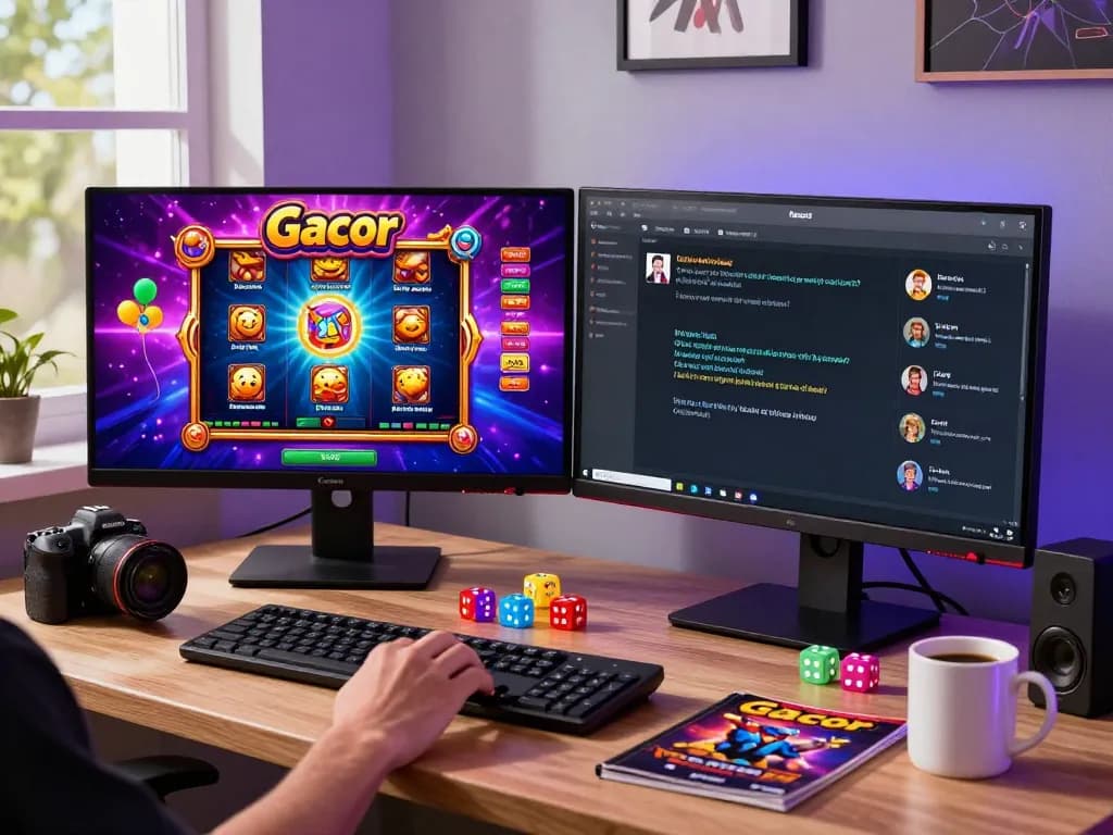 Suasana permainan yang menarik dengan link gacor ditampilkan di monitor dan aksesori permainan yang berwarna-warni, menciptakan suasana yang mendebarkan.