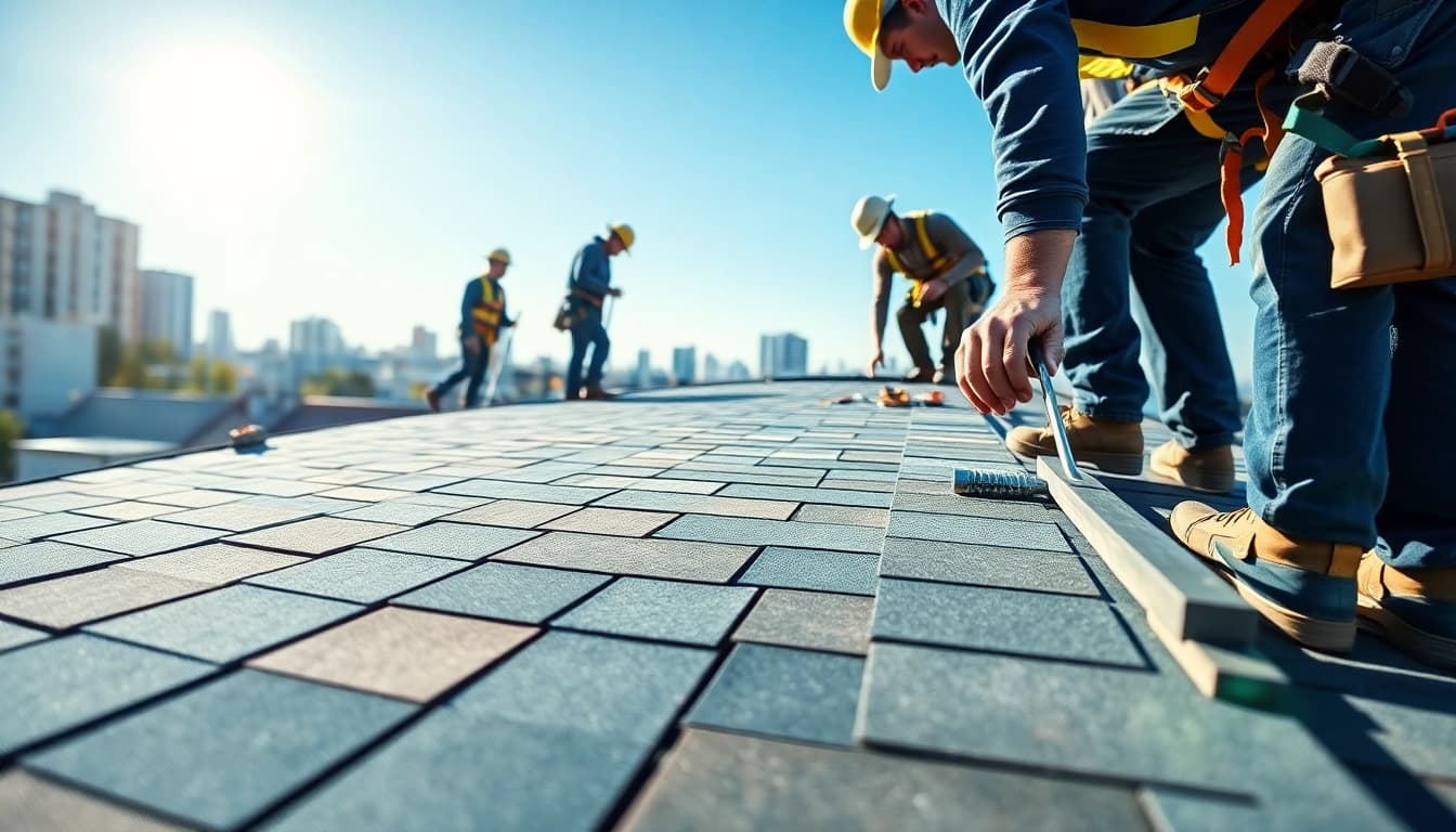 Showcasing professional roofing services with a team installing shingles on a modern home.