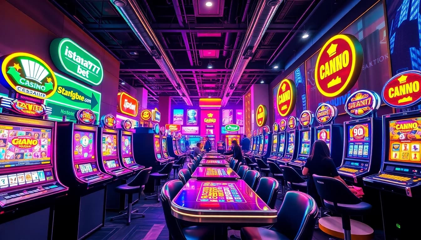 Permainan slot online istana777 bet yang menarik dengan latar belakang kasino yang hidup.