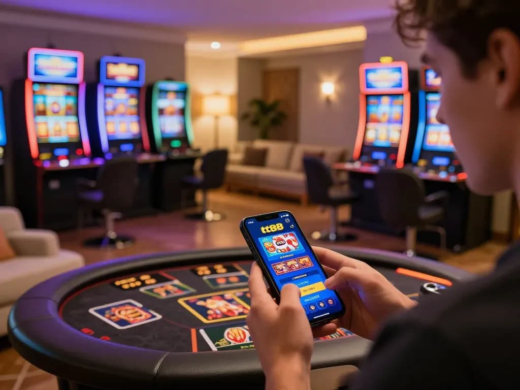 Engaged player using the tt88 app for online casino gaming in a cozy home.