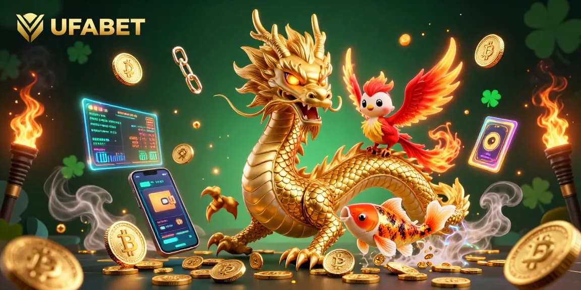 Experience thrilling gameplay with UFABET in a dynamic 3D casino scene featuring dragon, phoenix, and koi fish