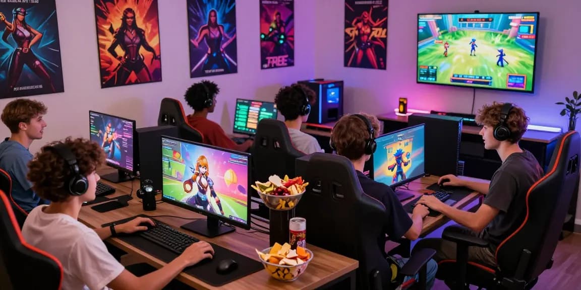 Friends enjoying free xxx games on multiple devices in a vibrant gaming setup.
