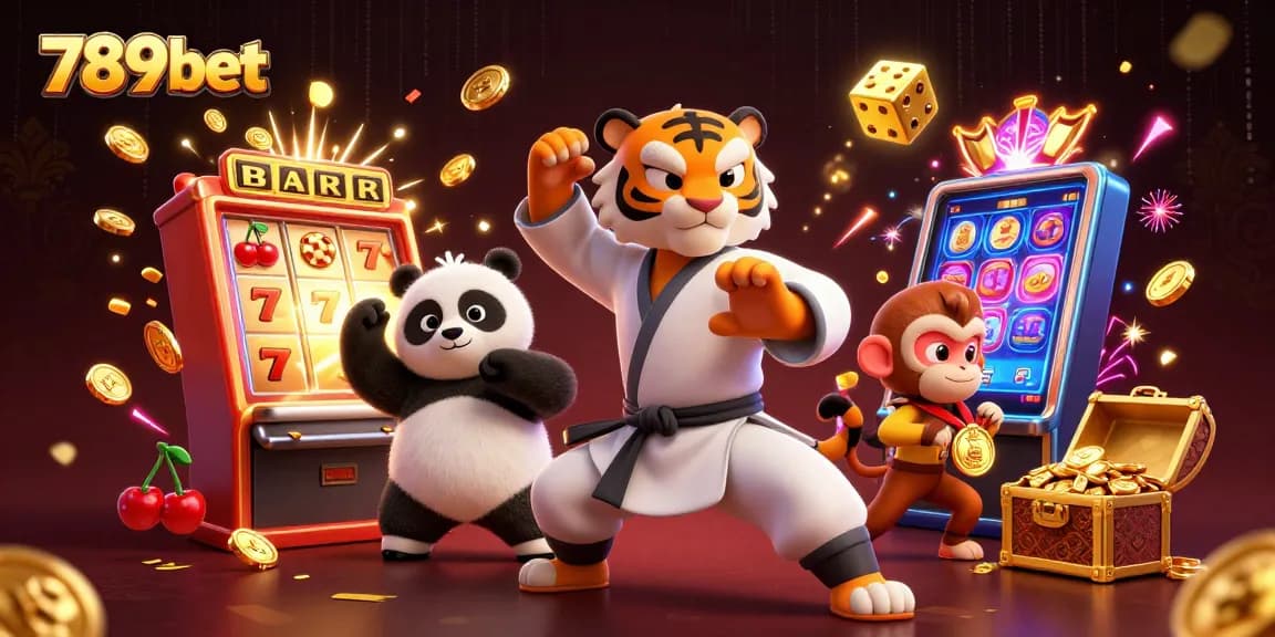 Experience the excitement of winning at 789bet with a kung fu tiger, panda, and monkey in a vibrant casino scene.