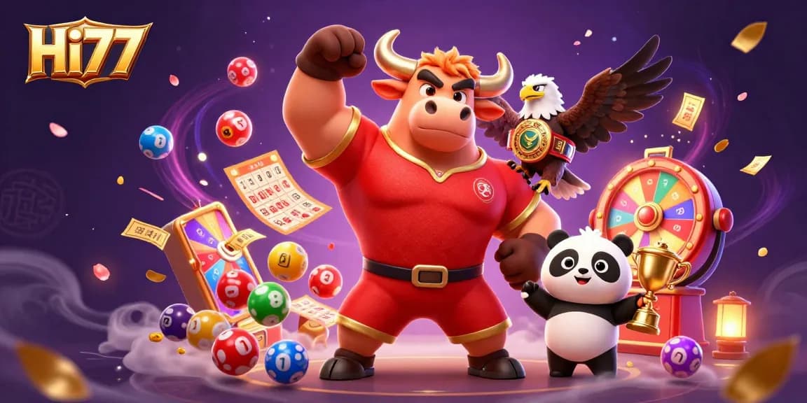 Hi77 celebrates the thrill of gaming with winning characters amidst dynamic casino elements and prizes.