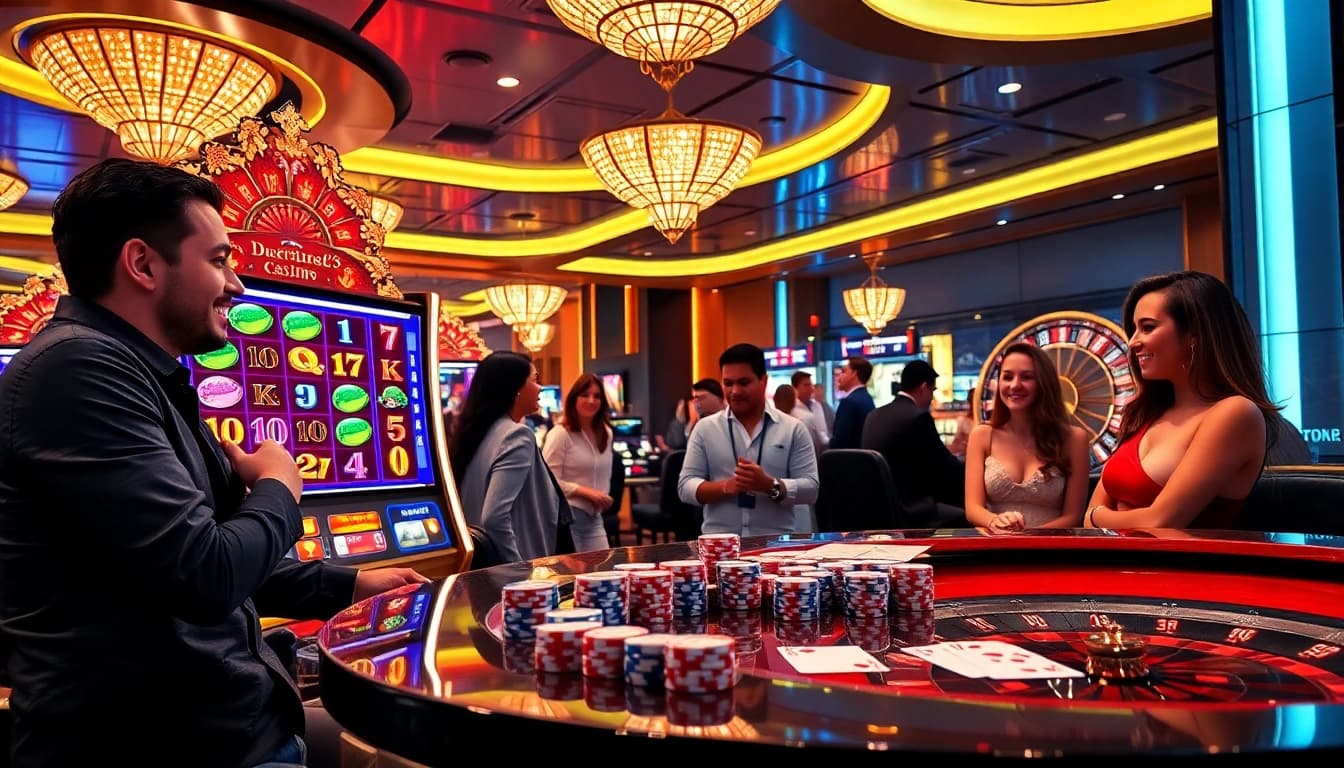 Rasakan sensasi DEWANAGA89 dengan mesin slot yang berwarna-warni dan pemain yang bersemangat di suasana kasino mewah.