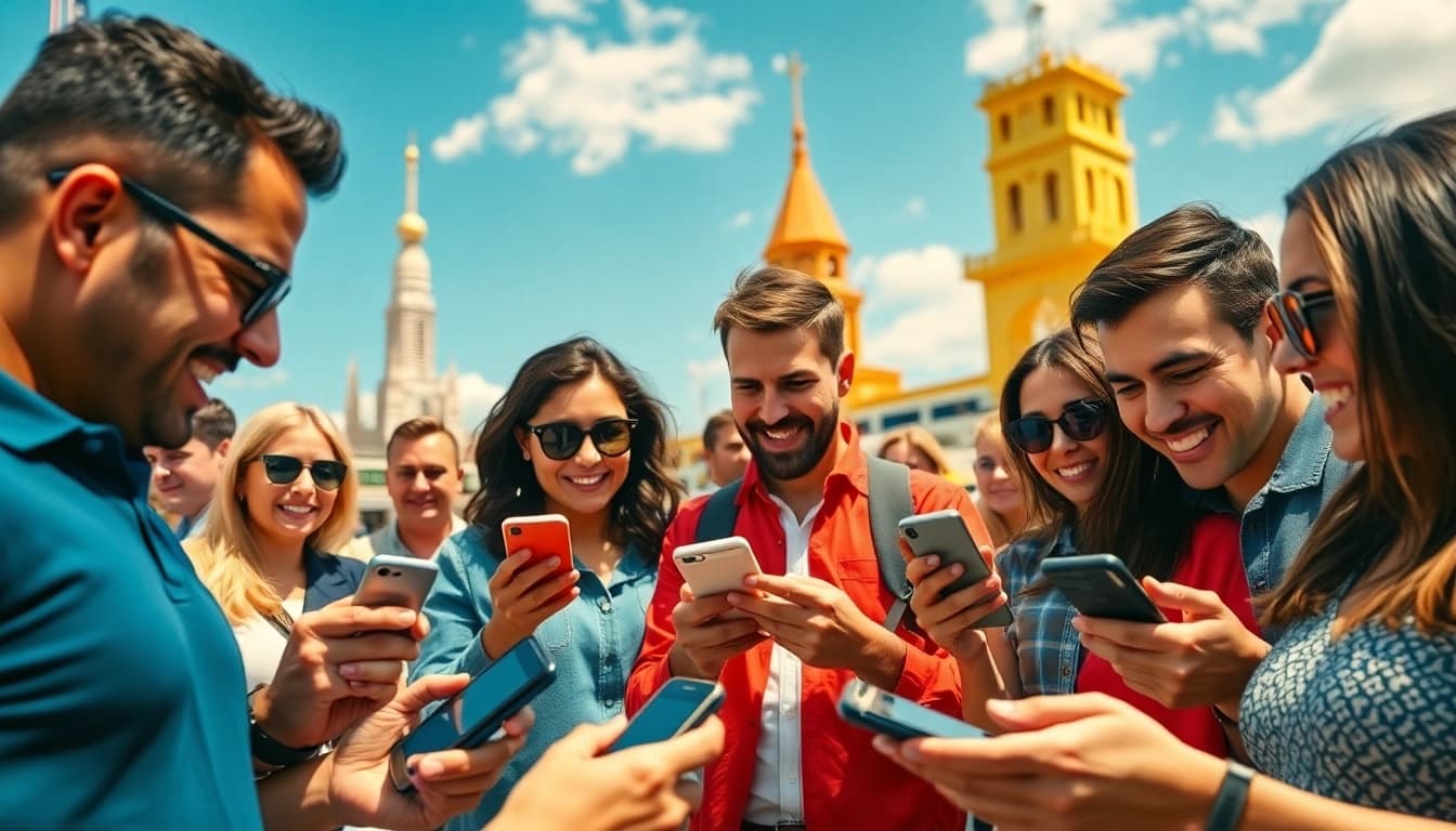 Engaged bettors enjoying online sports betting Texas in a lively setting with iconic Texas landmarks.