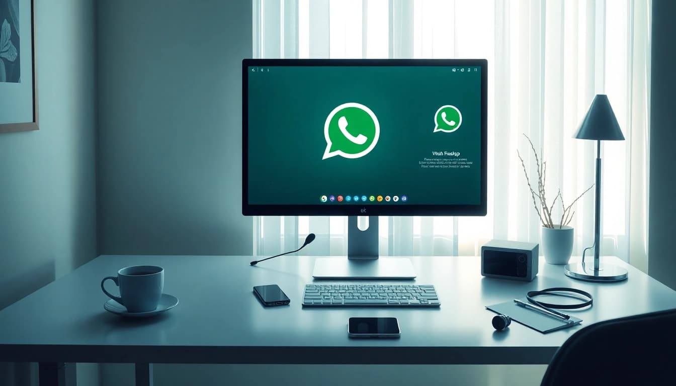 在现代桌面设备上展示的 WhatsApp网页版界面,旁放智能手机与咖啡,象征无缝沟通。