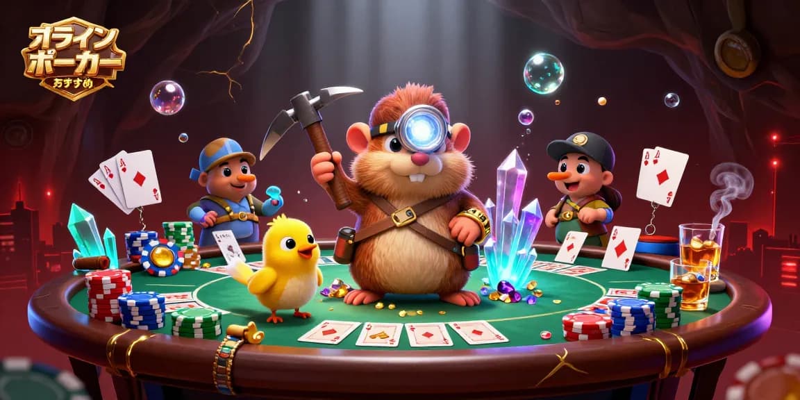 オンラインポーカー おすすめのサイトを楽しむ3Dのポーカーチームイラスト。