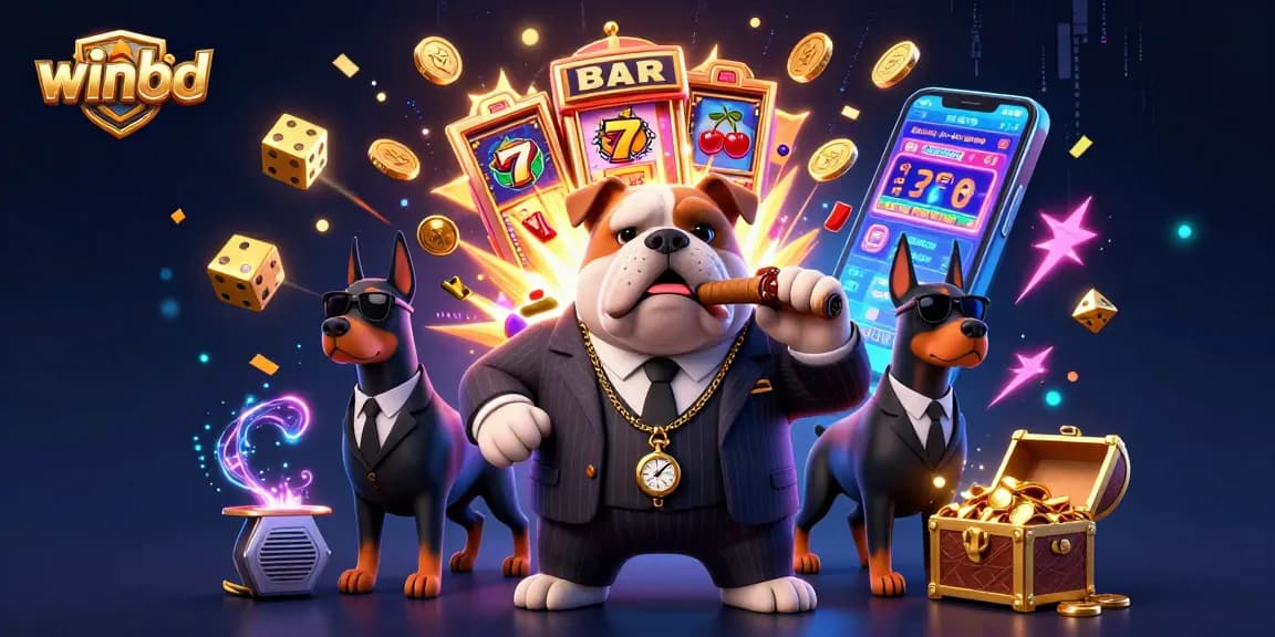 Winbd features a fun 3D cartoon mafia bulldog and bodyguards celebrating a jackpot at a casino.