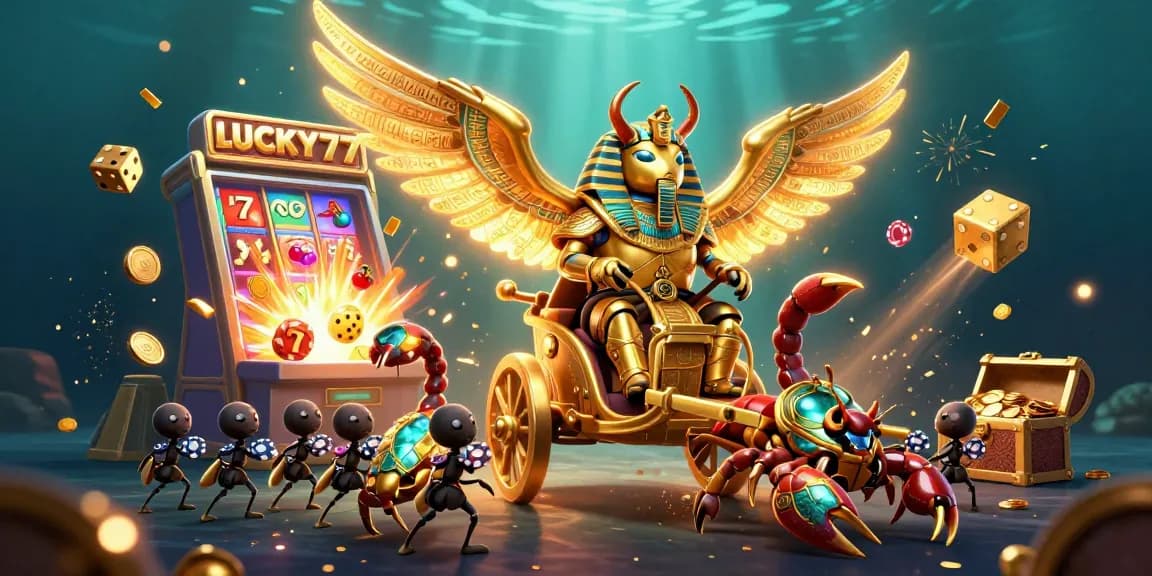 Experience the thrill of LUCKY77 with a vibrant 3D casino scene filled with action and excitement.