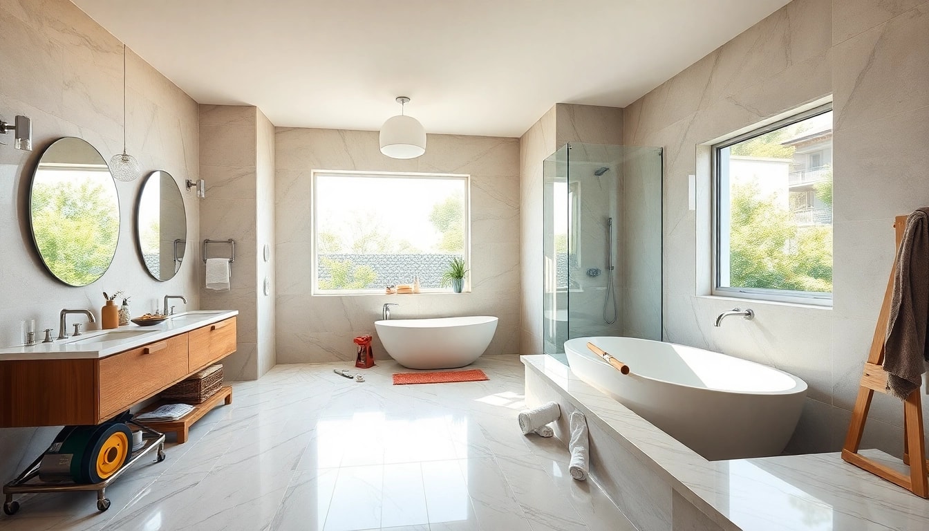 Bathroom remodeling contractors transforming a stylish bathroom with modern fixtures and bright lighting.