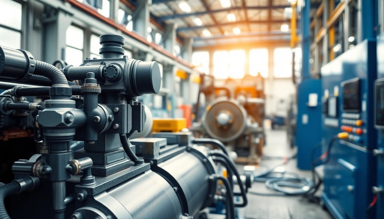 Showcasing industrial hydraulics solutions with intricate components and machinery in an active setting.