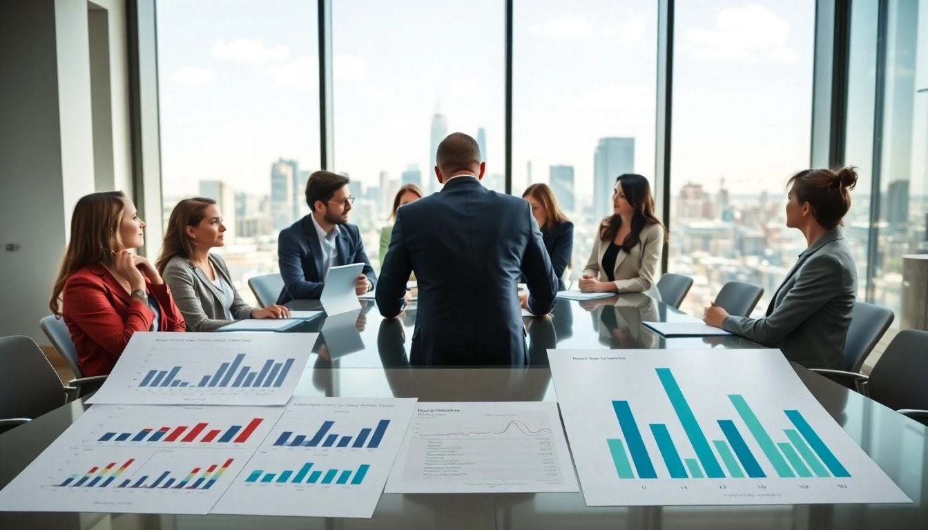 Professionals engaged in Bid-No-Bid Analysis. discussion during a business meeting.