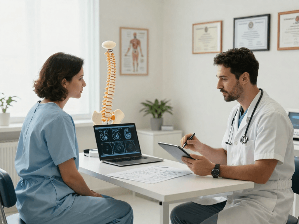 Consultation regarding Bel kayması ameliyatı with a surgeon and patient in a modern clinic.