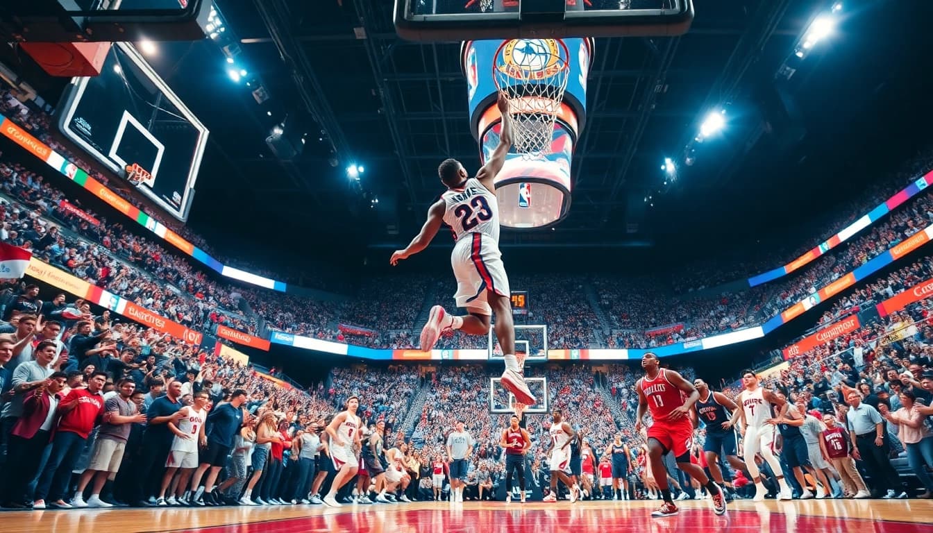 nba중계 경기 중 슬램덩크를 구사하는 플레이어의 역동적인 모습