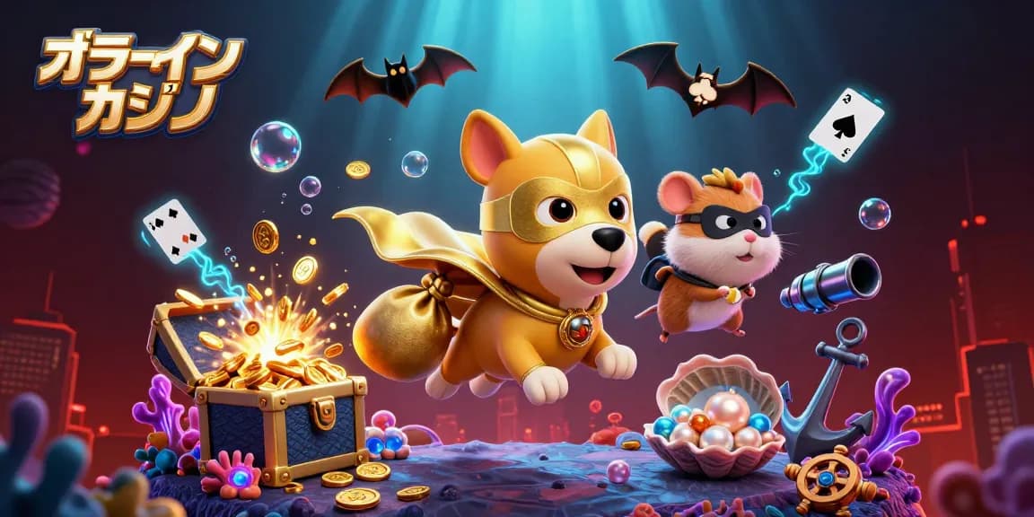 オンラインカジノで遊ぶスーパーヒーロー犬が金貨を持って飛んでいるイラスト