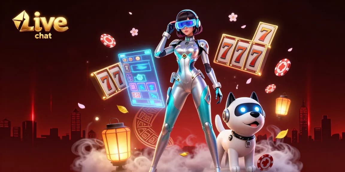 Engage in live video chat with a futuristic scene showcasing rich casino elements and technology.