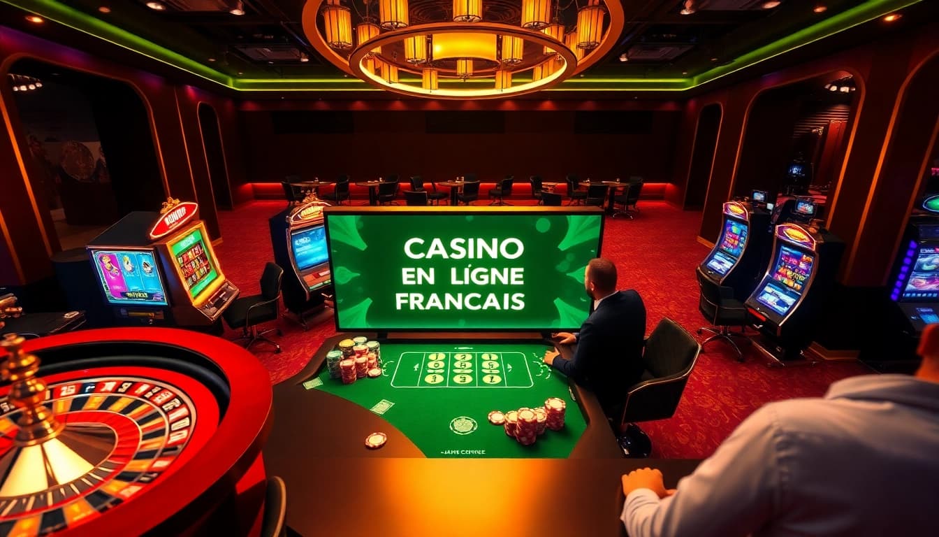 Scène passionnante montrant des joueurs profitant d'une expérience sophistiquée de casino en ligne français avec des jeux vibrants.