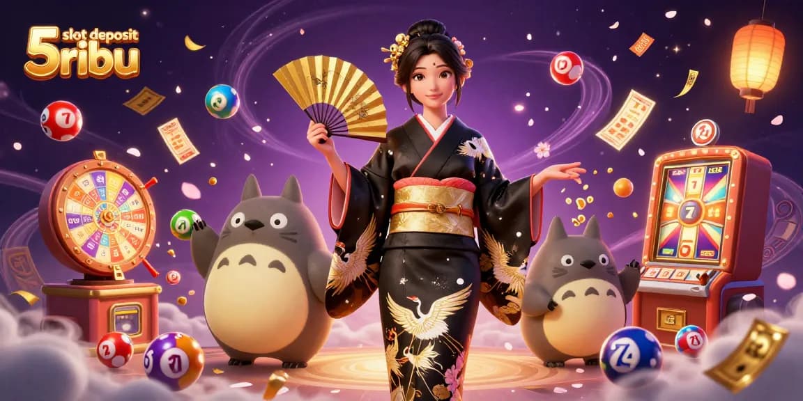 Engage with slot deposit 5ribu in this vibrant 3D scene featuring dynamic lottery elements and casino symbols.