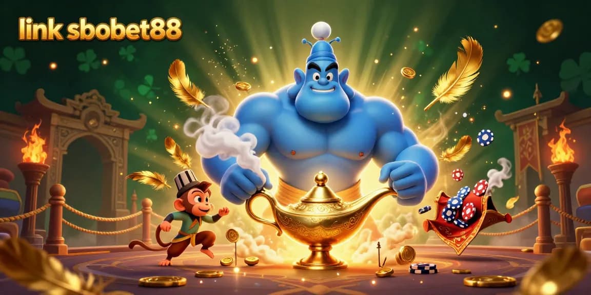 Bet on exciting games with link sbobet88 featuring a muscular genie, monkey, and poker elements.