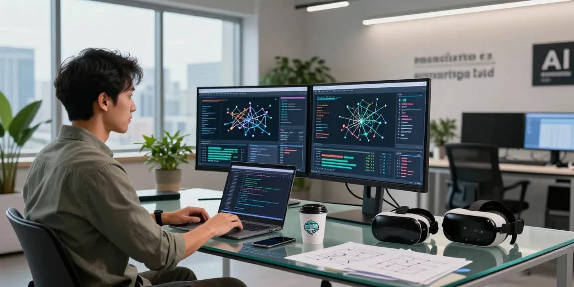 Data scientist working on AI research with dual monitors displaying complex algorithms, illustrating crush on ai.