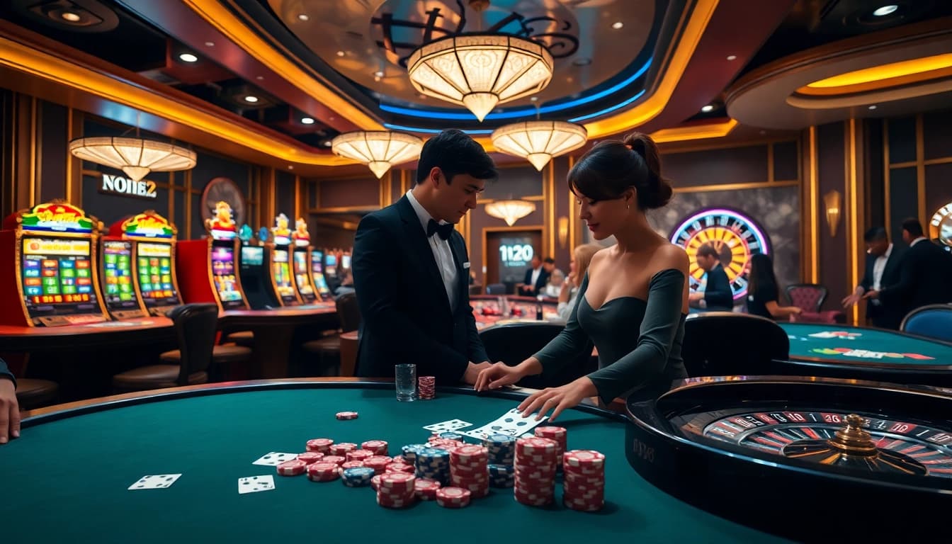 Joueurs à une table de casino en ligne français de luxe, participant à des jeux de poker palpitants.