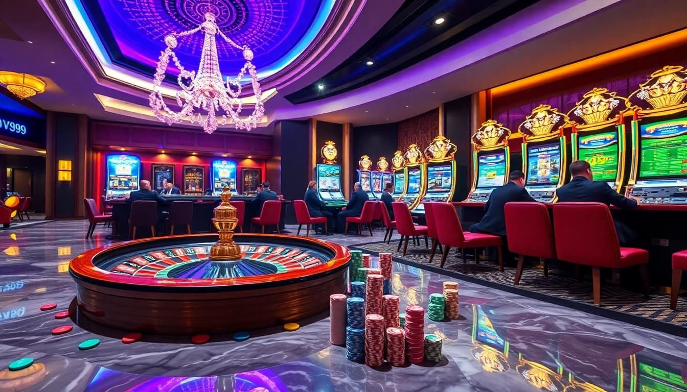 Players at nhà cái vua99 engage in lively gambling activities, with poker chips and a spinning roulette wheel.