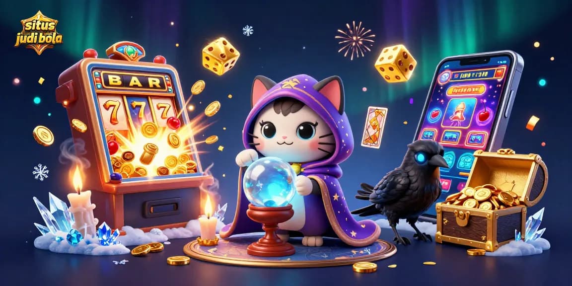 situs judi bola themed 3D vibrant casino scene with fortune teller cat, tarot raven, and dynamic slot machine