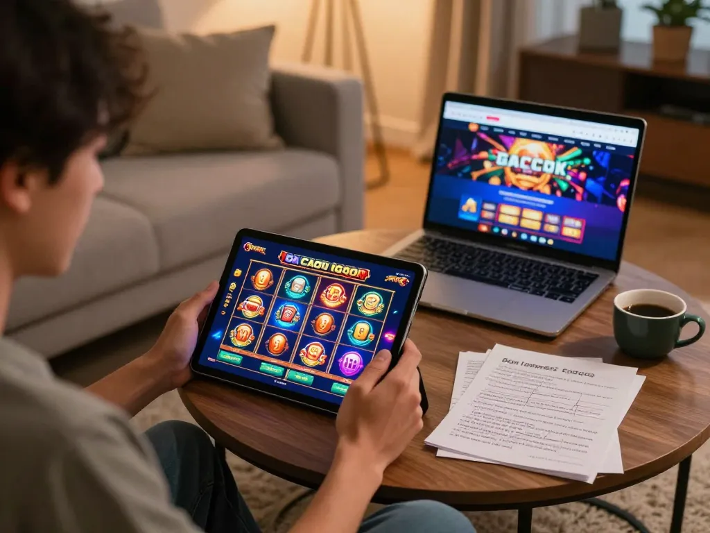 Player winning in a slot gacor game on tablet in a cozy home setup with strategic notes