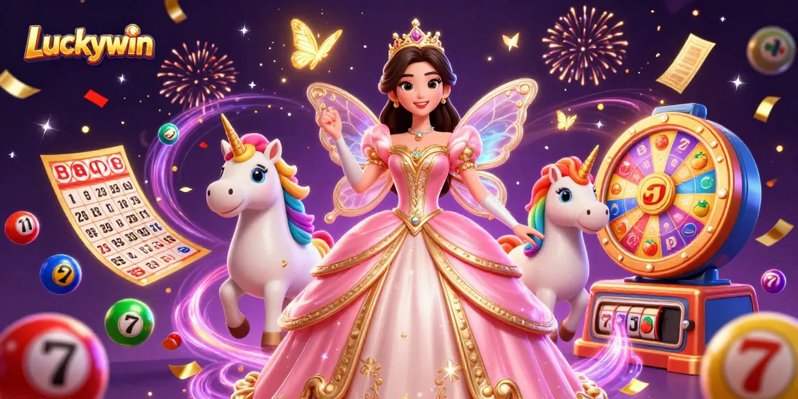Experience Luckywin's thrilling casino games in an enchanting 3D illustration featuring vibrant colors and magical elements.