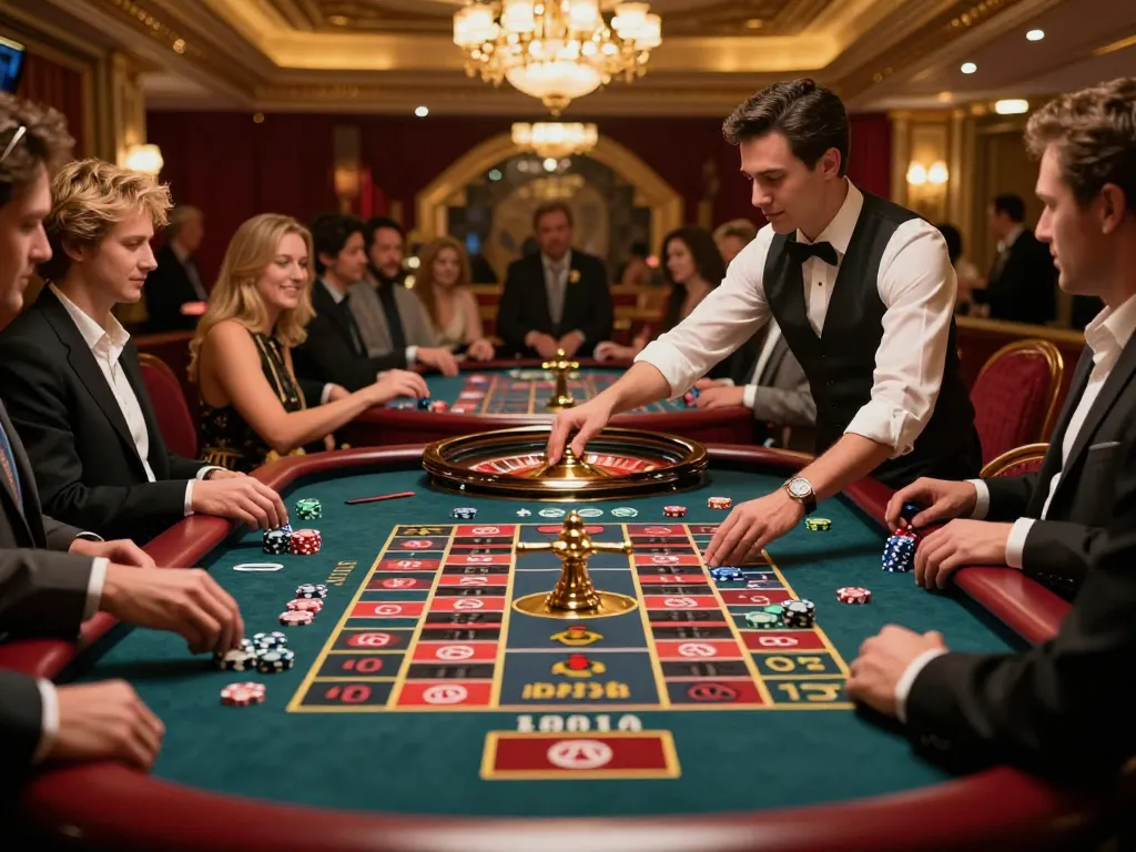 Experience the excitement of situs gacor as players engage around a bustling roulette table in a luxurious casino atmosphere.