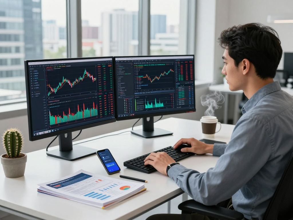 Developer programming the Germany stock fundamental data API in a modern office, surrounded by financial charts and data.