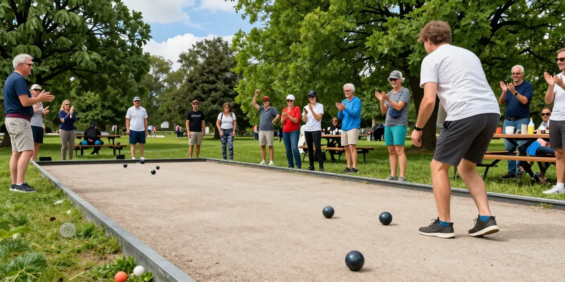 Aktivitas olahraga petanque di fopikotatarakan.org dengan pemain beragam usia berkompetisi di taman terbuka yang cerah.