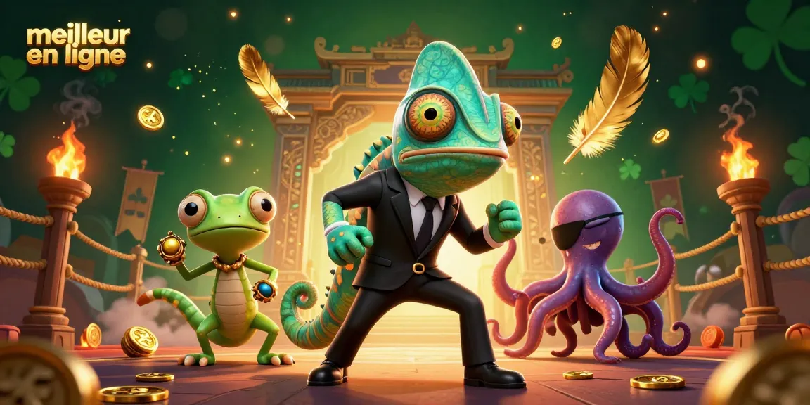 Illustration 3D pour le meilleur casino en ligne, représentant un caméléon, un gecko et une pieuvre en action.