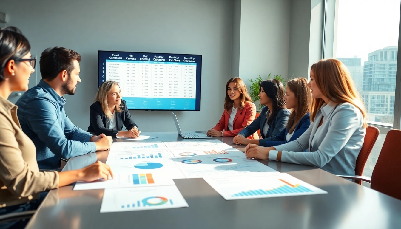 Analyzing competitor pricing strategies in a professional business setting with a diverse team.