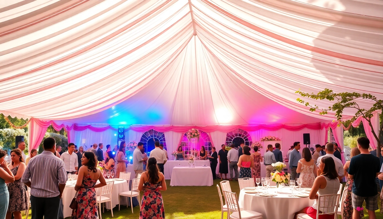 Guests celebrate joyfully under elegant Party Tent Rentals adorned with colorful decorations and festive lights.