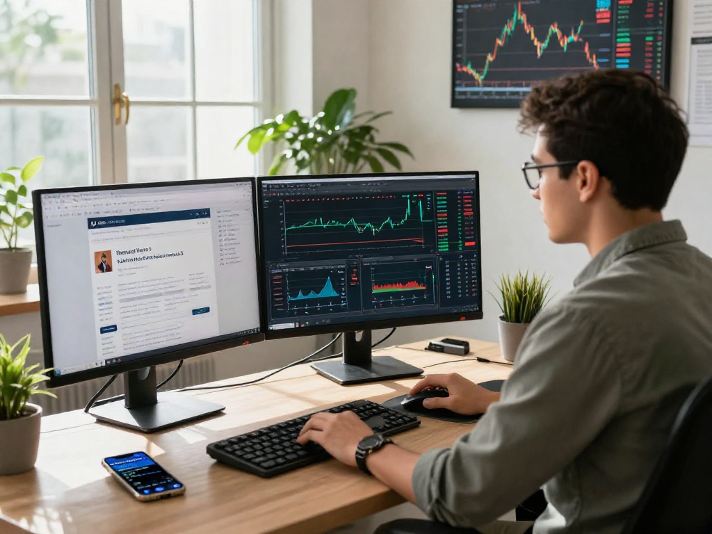 Focus on trading with metatrader 5 platform on multiple screens in a professional workspace.