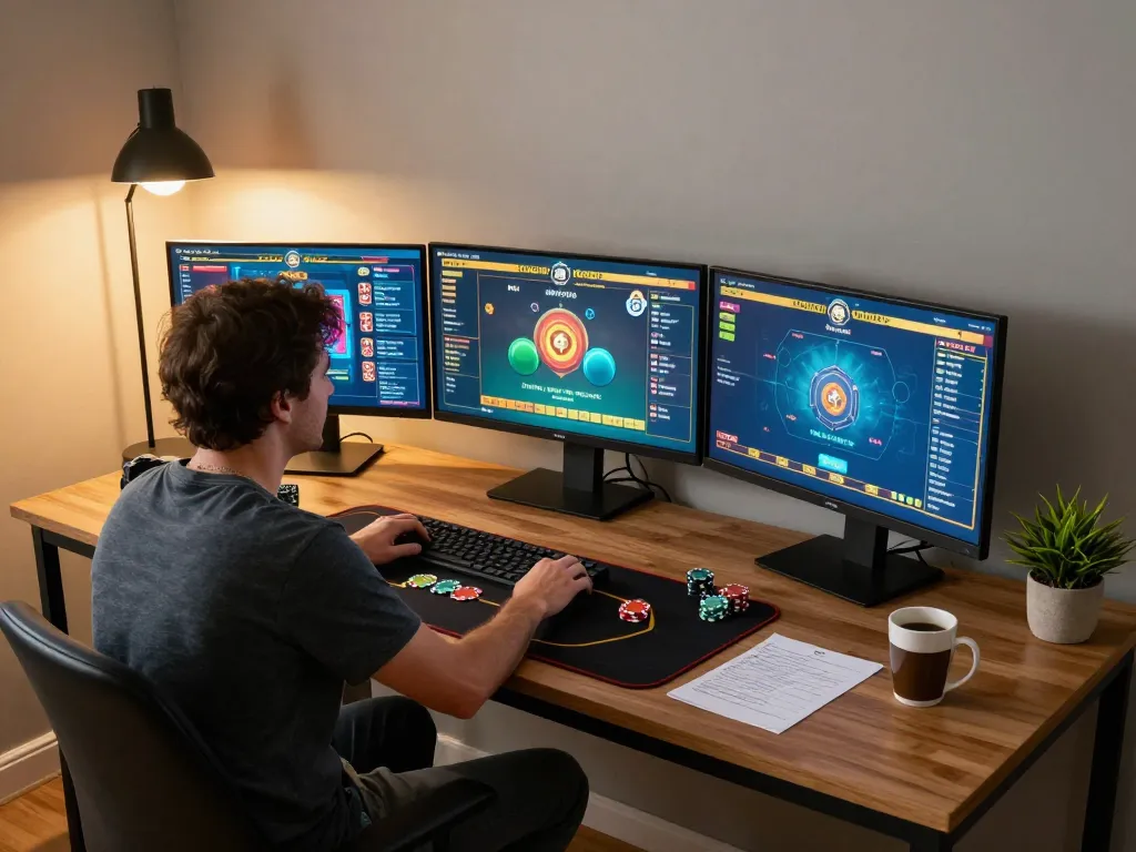 The hidden wiki home gaming scene showcasing online poker gameplay on multiple screens with strategic elements and a cozy atmosphere.