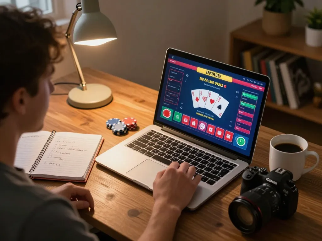 Player engaging in online poker gameplay at home with 789bet interface on screen.