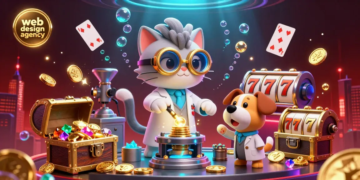 Engaging illustration of a web design agency’s mad scientist character surrounded by casino themed elements like lucky 7s and explosive treasure chests.