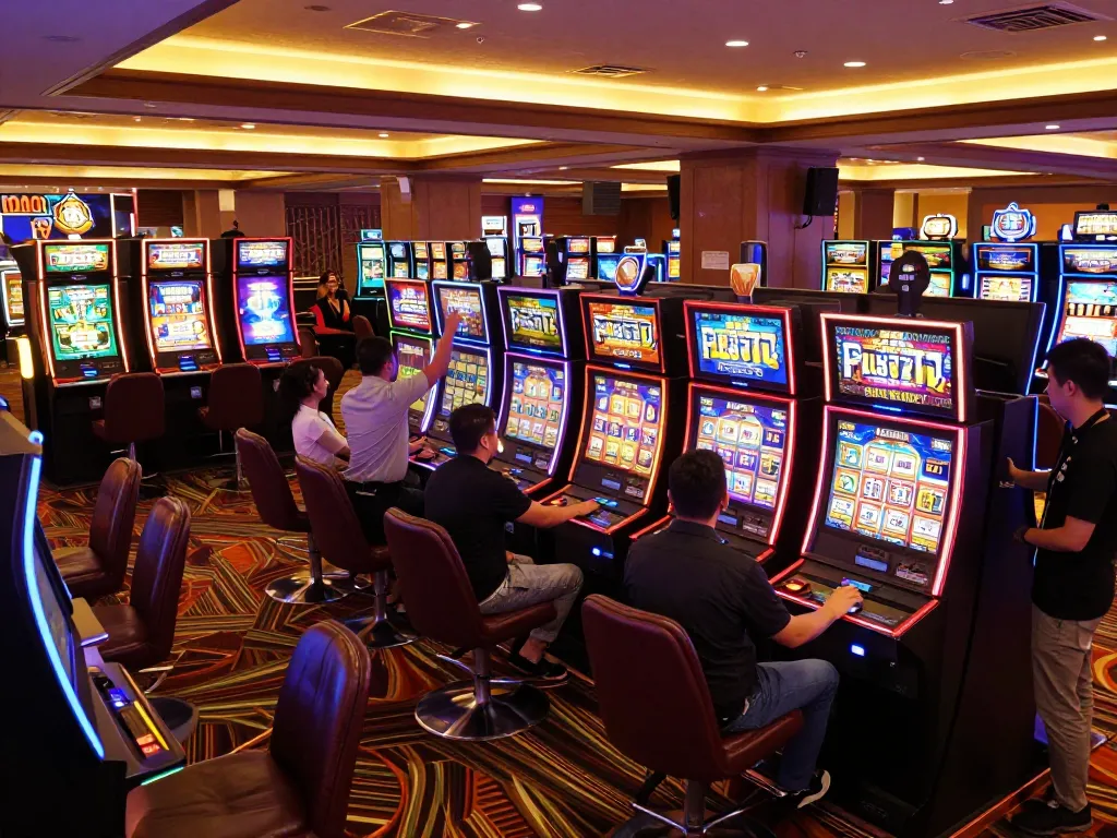 Players enjoying colorful slot machines while exploring mau777 daftar for online gambling options.