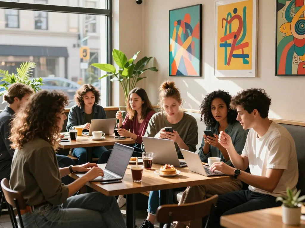 Group of young adults discussing AI strategies in a vibrant cafe, embodying the essence of ia +18.